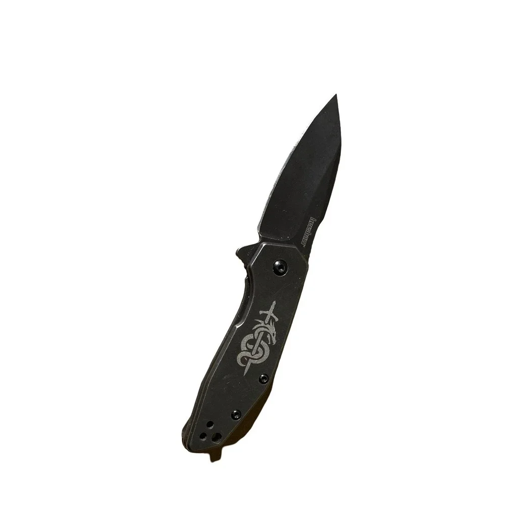 Kershaw 2065 Black Folding Knife 8Cr13MoV w/ Tribal Dragon Engraving EDC